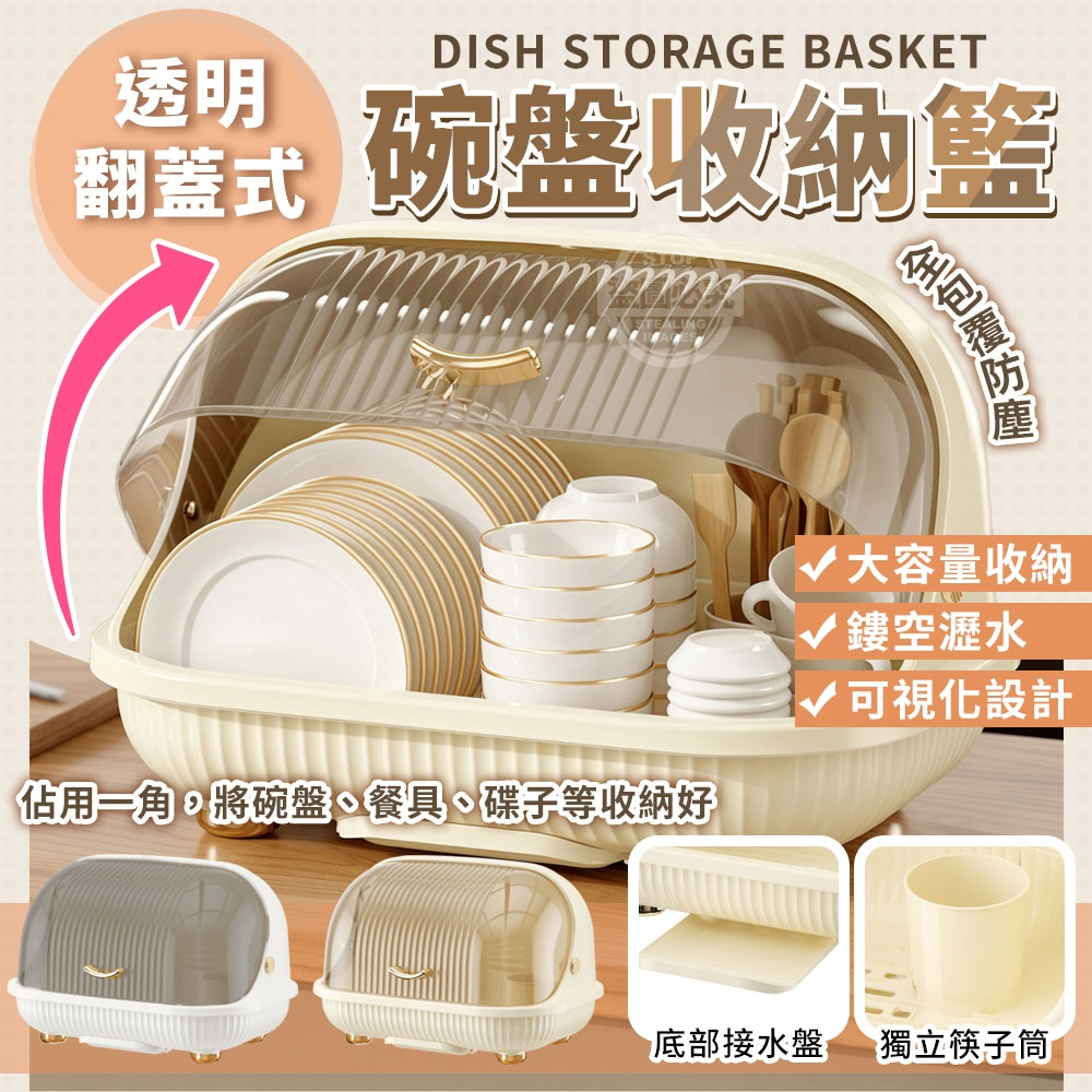 透明翻蓋式全包覆防塵碗盤收納籃