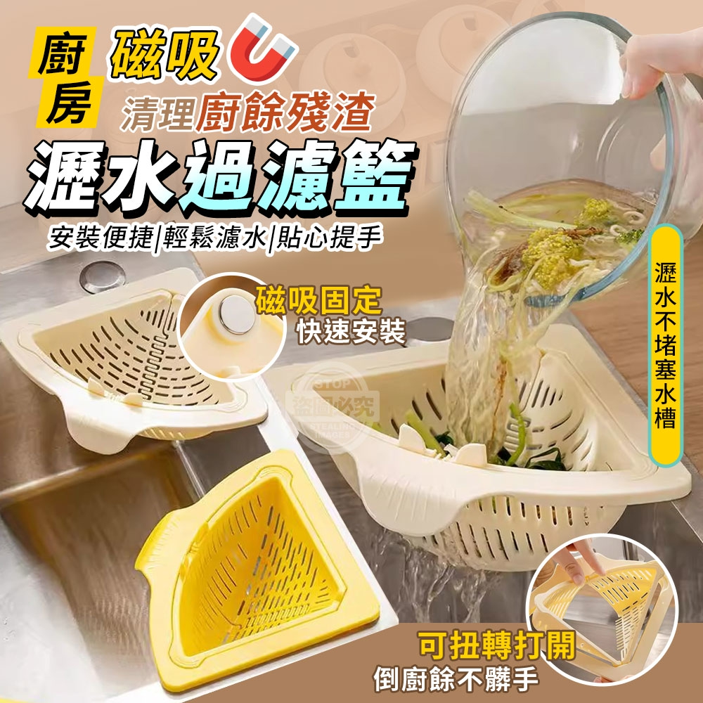 (2個)廚房磁吸扭轉清理廚餘殘渣瀝水過濾籃