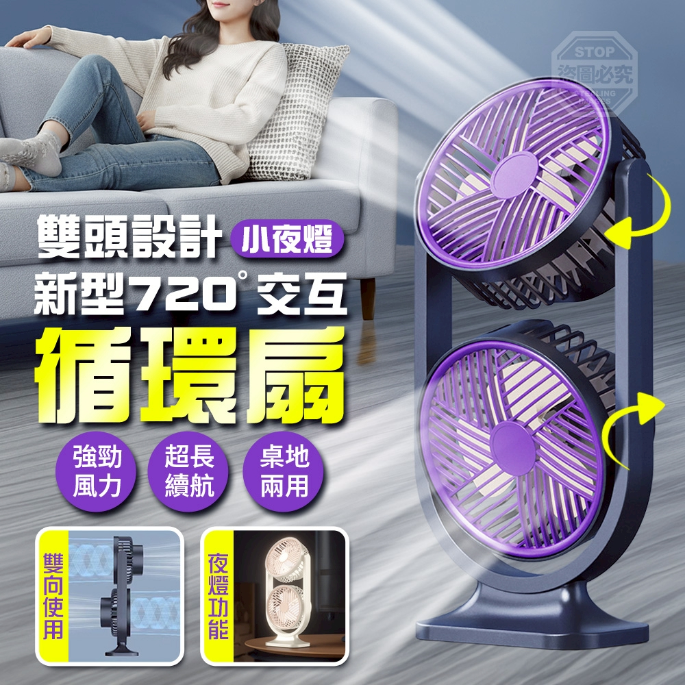 預購-06/01免40▲F上-新型720°交互雙頭掛立小夜燈循環扇